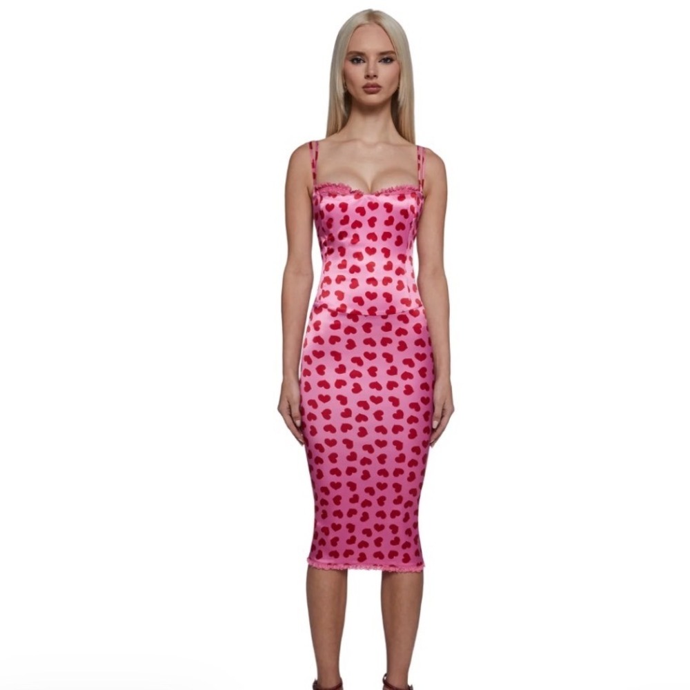 Sugar Thrillz Pink Heart Print Satin Midi Dress XXL Lace Up Corset Back - Picture 9 of 11